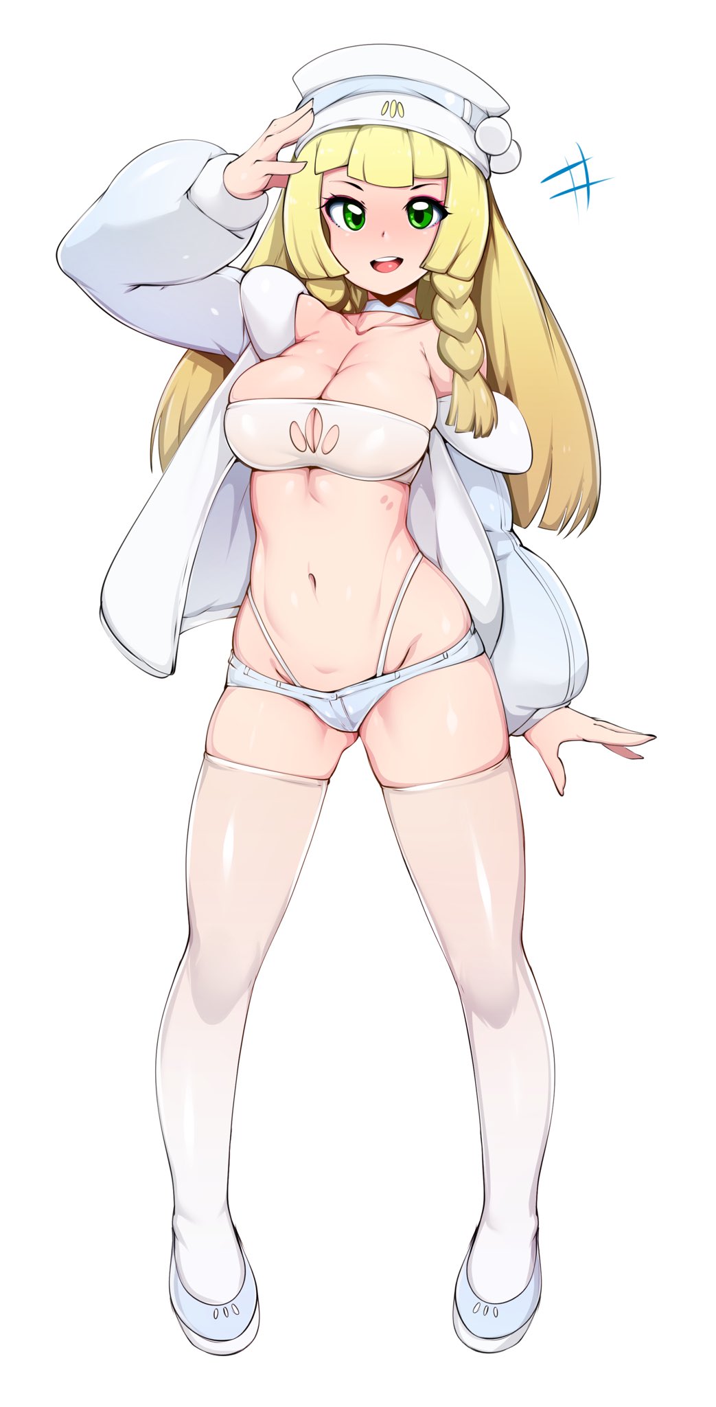1girls, abs, alternate outfit, barely clothed, blonde hair, bra, breasts, cleavage, female, female only, g-string, green eyes, highleg, highleg panties, human, lillie (pokemon), lingerie, looking at viewer, panties, pokemon, pokemon sm, shorts, slugbox, smile, solo, string panties, thighhighs, thong, thong panties, underwear, white bra, white headwear, white jacket, white legwear, white shoes, white shorts, white thong