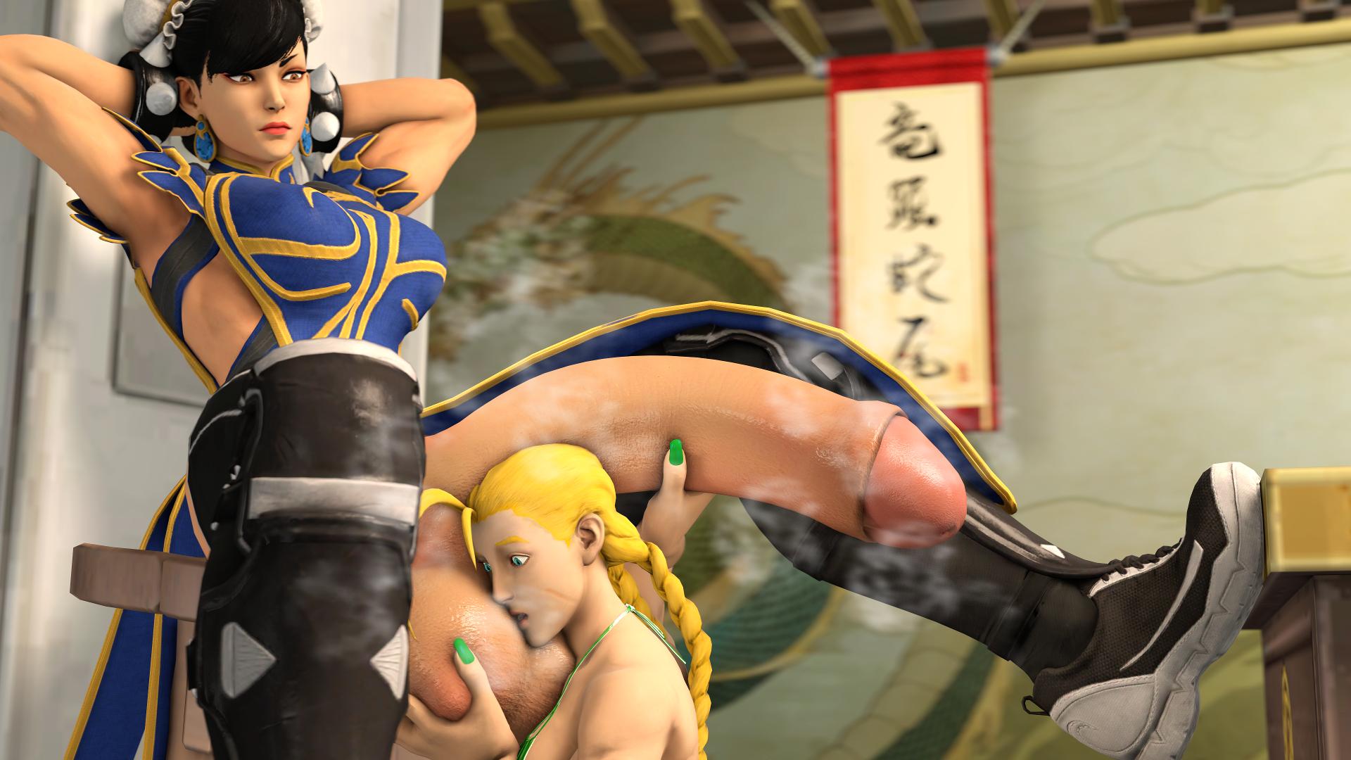 1futa, 1girls, 3d, balls, cammy white, chun-li, dentol, dickgirl, erection, female, futa on female, futanari, hyper, hyper penis, intersex, musk, penis, smell, source filmmaker, street fighter, testicles
