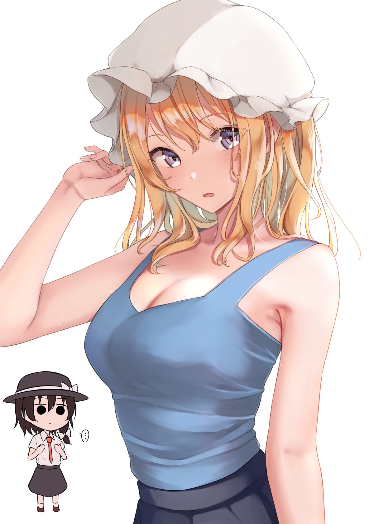 2girls black_hair blonde_female blonde_hair blonde_hair_female breast_size_difference fumei_(mugendai) headwear jealous light-skinned_female light_skin maribel_hearn medium_breasts not_porn renko_usami safe safe_for_work sfw size_comparison tank_top touching_breast touhou yuri