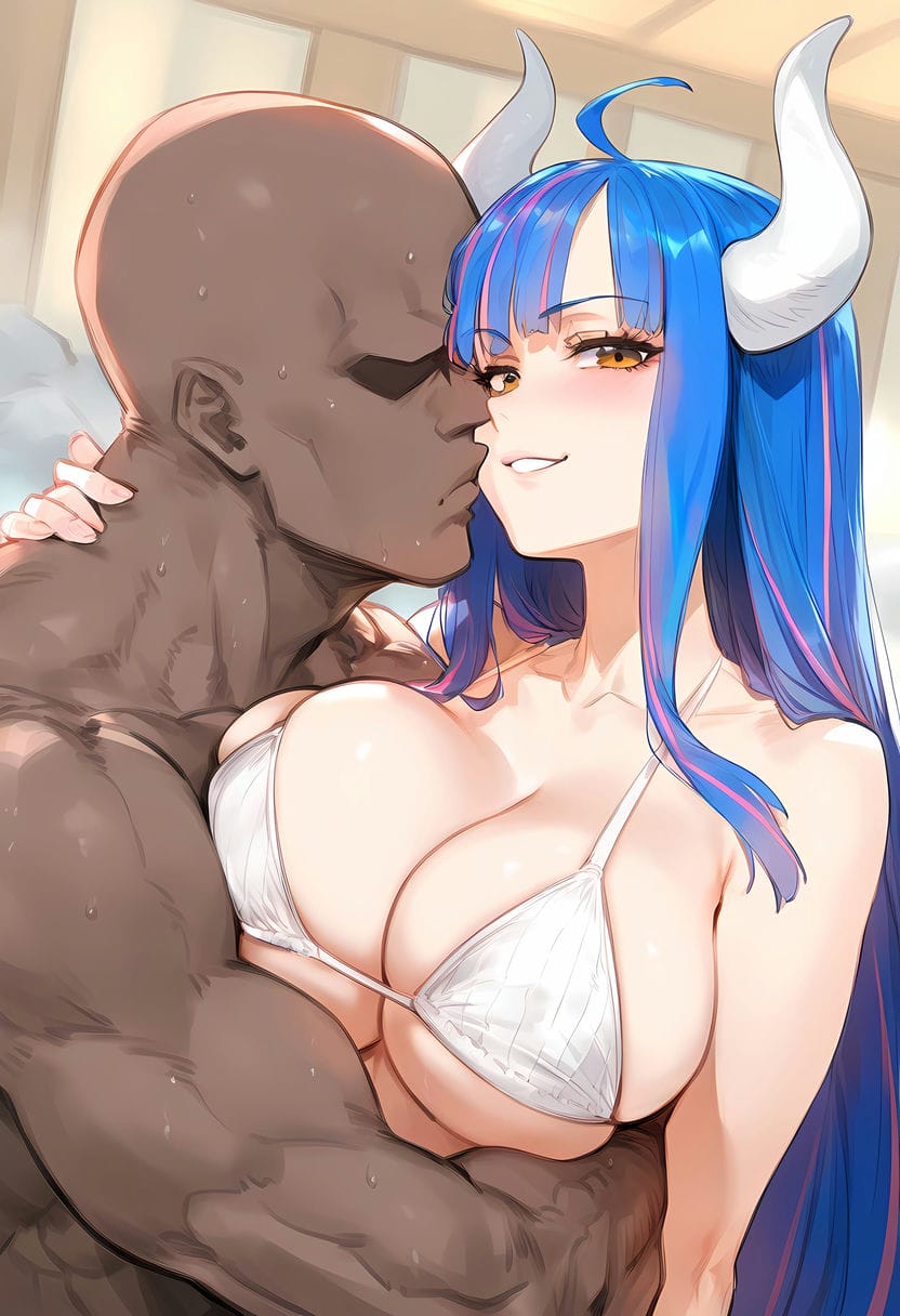1boy, 1girls, ai generated, bare arms, bare shoulders, big breasts, blush, breasts, color, dark skin, dark-skinned male, female, hi res, horns, interracial, large breasts, light skin, light-skinned female, long hair, looking at viewer, male, male/female, multicolored hair, muscles, muscular, muscular male, nakatori, one piece, pink eyes, shounen jump, tagme, ulti (one piece)