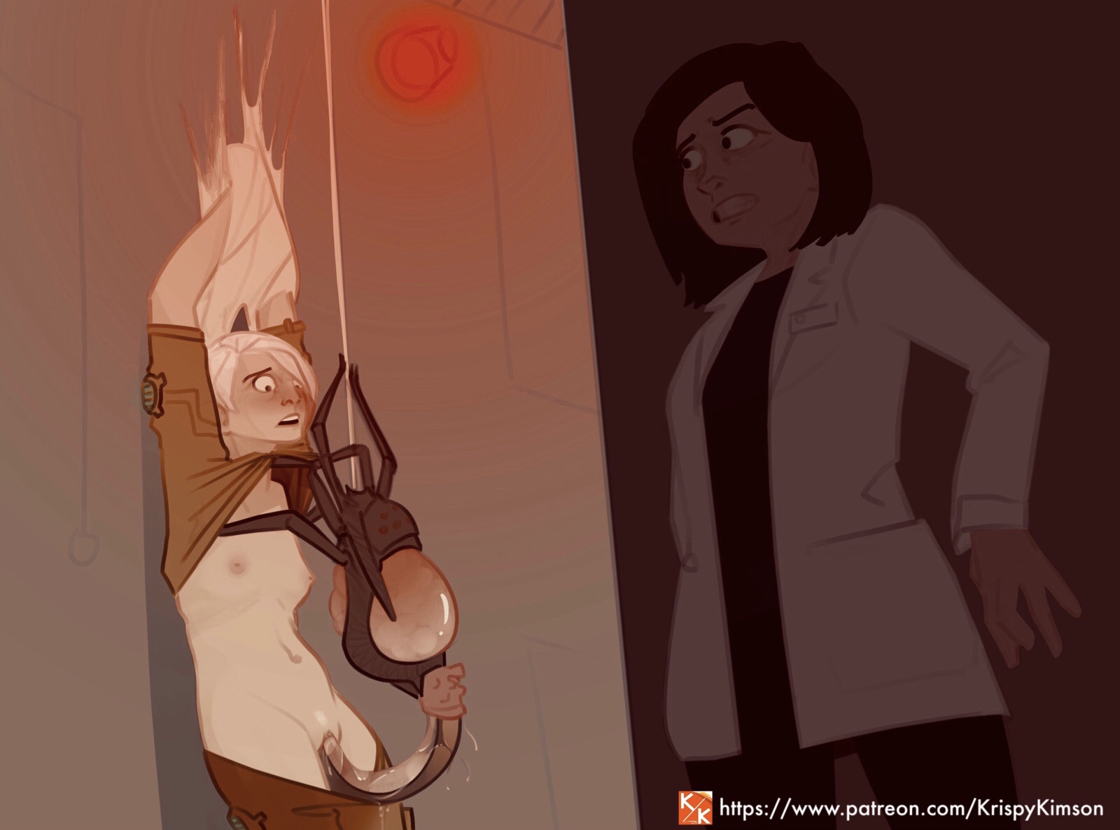2girls, anticipating rape, arachnophilia, arms up, breasts, clenched teeth, clothed sex, clothing, creature, creature inside, egg implantation, female, hiding, impregnation, interspecies, krispy kimson, labcoat, legs together, monster, multiple females, multiple girls, open mouth, oviposition, ovipositor, pants, pants down, parasite, penetration, pussy, rape, restrained, scared, shirt, shirt lift, short hair, size difference, small breasts, spider, spider web, vaginal penetration, voyeur, white hair, wide eyed, worried, zoophilia