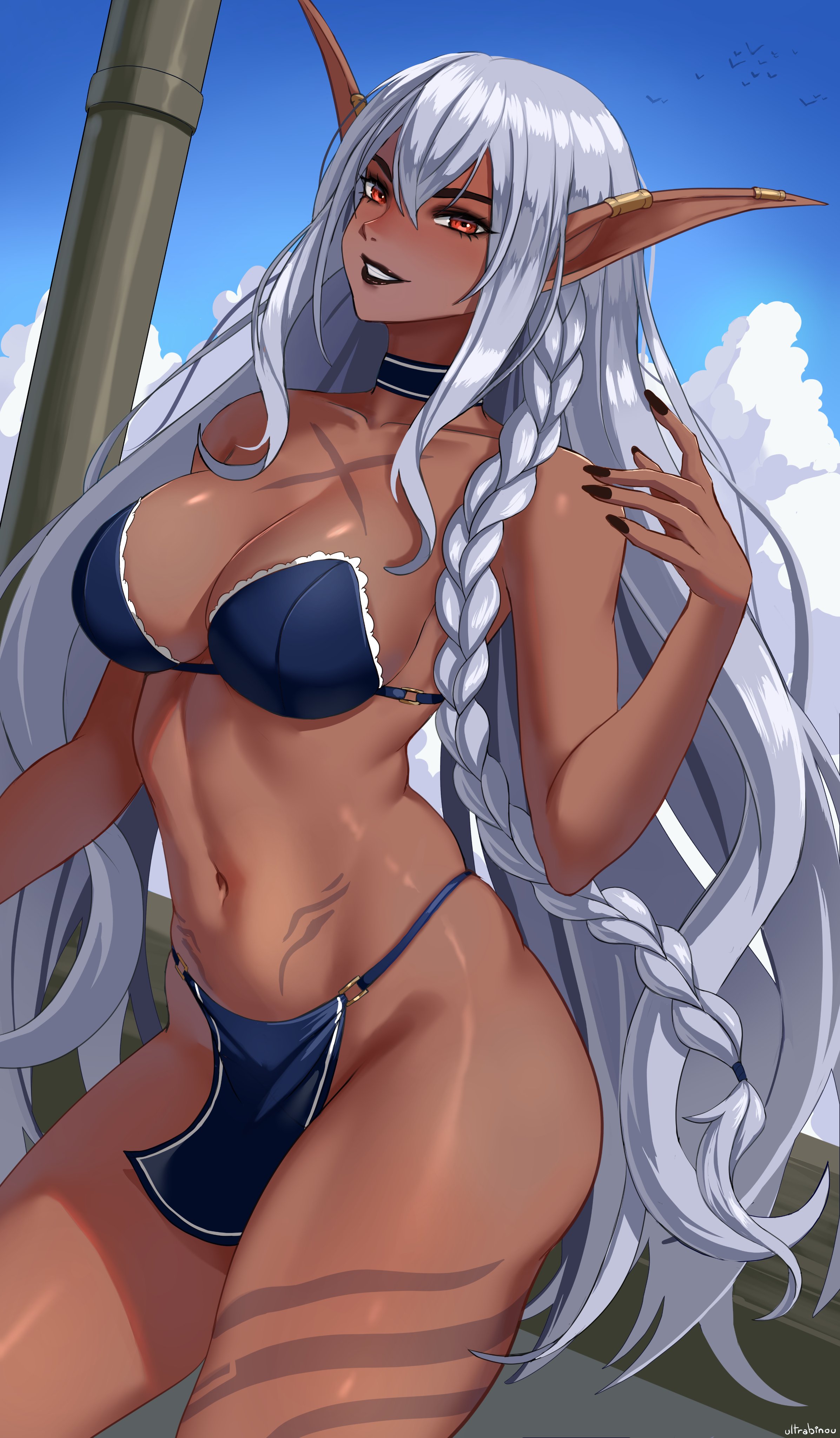 1girls, absurd res, art trade, big breasts, bikini, black lipstick, braided hair, breasts, cleavage, dark elf, dark skin, dark-skinned female, elf, elf ears, elf female, female, female only, full lips, large breasts, long ears, long hair, looking at viewer, mature female, pelvic curtain, pointy ears, red eyes, revealing clothes, skimpy, slim waist, smiling, smiling at viewer, solo, teeth showing, thick thighs, ultrabinou, very long hair, white hair, wide hips