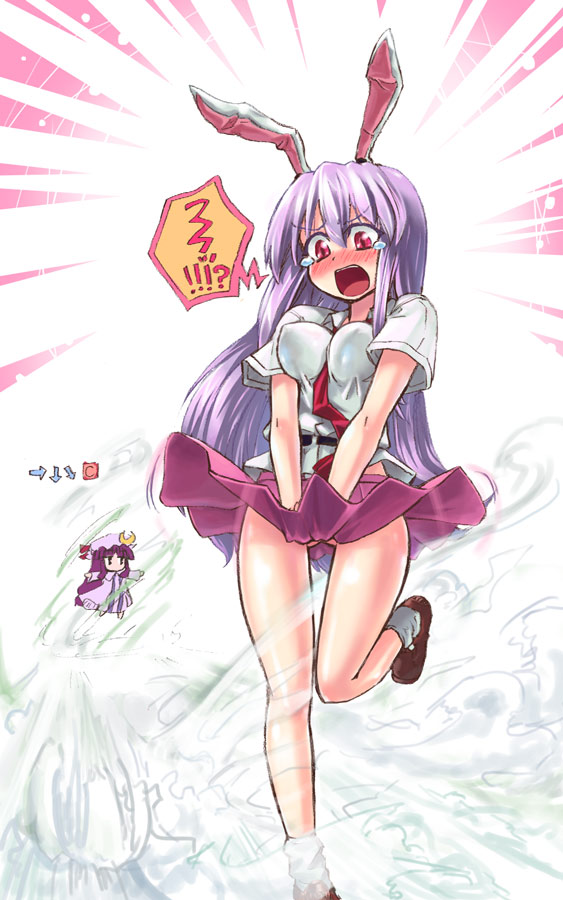 blush bunny_ear covering covering_crotch homura_subaru long_hair looking_down necktie no_panties open_mouth patchouli_knowledge pleated_skirt purple_hair red_eyes reisen_udongein_inaba shirt_tug skirt skirt_tug standing tear touhou touhou_hisoutensoku very_long_hair water wind_lift