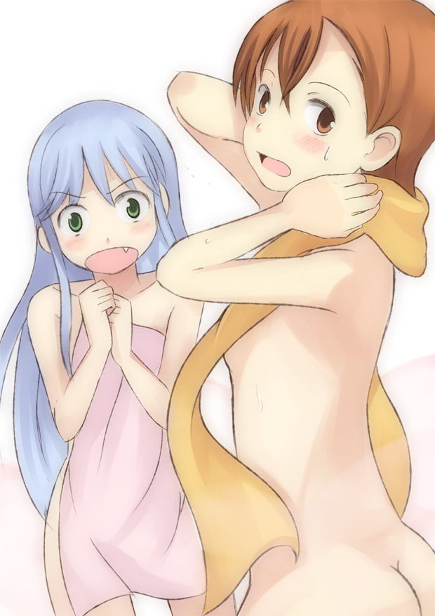 2girls blue_hair completely_nude completely_nude_female cute_fang female female_only human index misaka_mikoto multiple_females multiple_girls nude nude_female teenage_girl teenager to_aru_kagaku_no_railgun to_aru_majutsu_no_index towel yana young