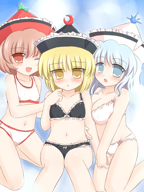 blonde_hair blue_eyes blue_hair blush bra brown_eyes brown_hair hat lingerie lunasa_prismriver lyrica_prismriver merlin_prismriver midriff multiple_girls panties ry short_hair siblings sisters touhou underwear wink yellow_eyes