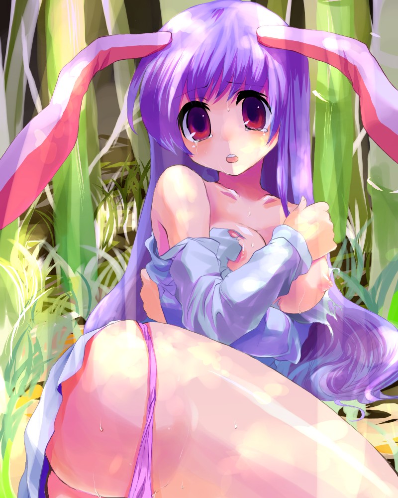 1girls animal_ear ass bamboo bamboo_forest blush breasts bunny_ear female forest kobanzame long_hair nature nipples panties panty_pull purple_hair purple_panties reisen_udongein_inaba skirt solo sunbeam sunlight tear torn_clothes touhou underwear