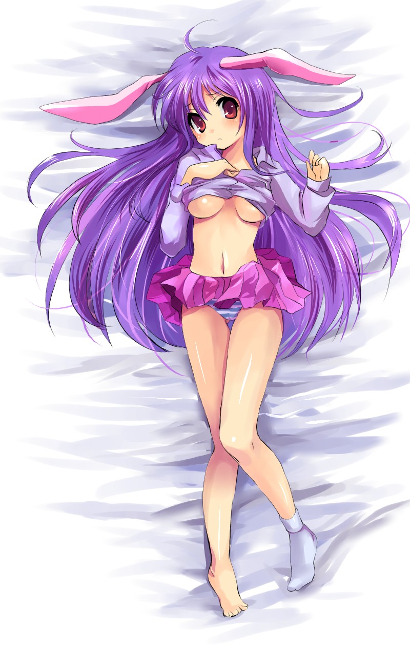 1girls animal_ear bad_feet barefoot bed blush breasts bunny_ear dakimakura feet female footwear highres kobanzame long_hair lying no_bra one_sock panties purple_hair red_eyes reisen_udongein_inaba shirt_lift single_sock skirt socks solo striped striped_panties touhou underboob underwear