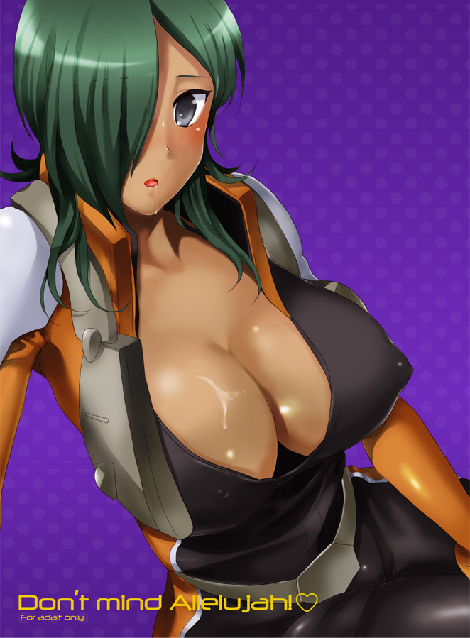 1girls allelujah_haptism belluch blush breasts cleavage dark_skin female green_hair grey_eyes gundam gundam_00 hair_over_one_eyes huge_breasts konnyakuyukko open_mouth pilot_suit rule_63 saliva solo