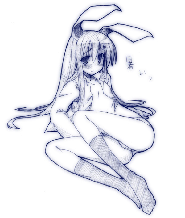 animal_ear blush bunny_ear footwear grafite_(medium) kneehighs legs monochrome no_bra no_pants open_clothes open_shirt reisen_udongein_inaba shirt sketch socks solo touhou traditional_media wavy_mouth yuuki_eishi