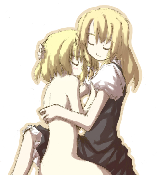 2girls alice_margatroid clothed clothed_female clothed_female_nude_female female hug human marisa_kirisame multiple_girls mutual_yuri nude nude_female sakuraba_yuuki simple_background tender_moment touhou yuri