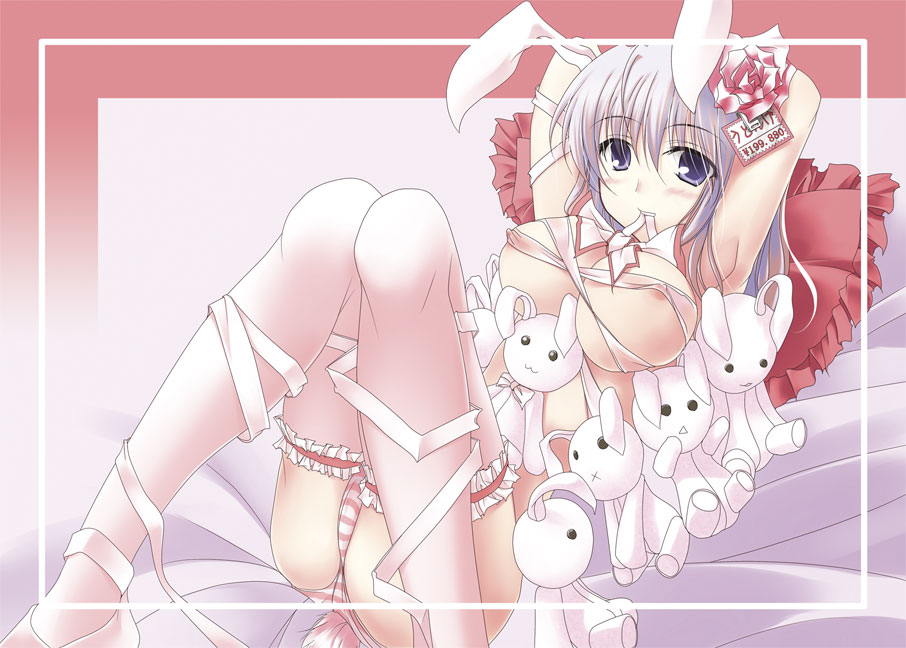 1girls animal_ear breasts bunny_ear cleavage female gisyo large_breasts nipples panties reisen_udongein_inaba solo stuffed_animal stuffed_toy touhou underwear