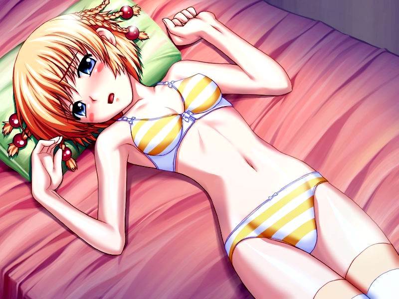 bed beige_skin blonde_hair blue_eyes blush braid breasts clothes female female_only game_cg hair human kanisawa_kinu kinu_kanisawa lingerie lying navel on_back open_mouth panties pillow round_ears short_hair skimpy_clothes small_breasts solo striped striped_bra striped_panties thighhighs tsuyokiss underwear