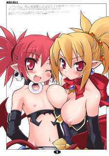 2girls ascot bare_shoulders blonde_hair blush choker demon_tail demon_wings disgaea earrings elbow_gloves etna exposed_breasts navel open_mouth pointy_ears red_eyes red_hair rozalin skull_earrings tied_hair wink