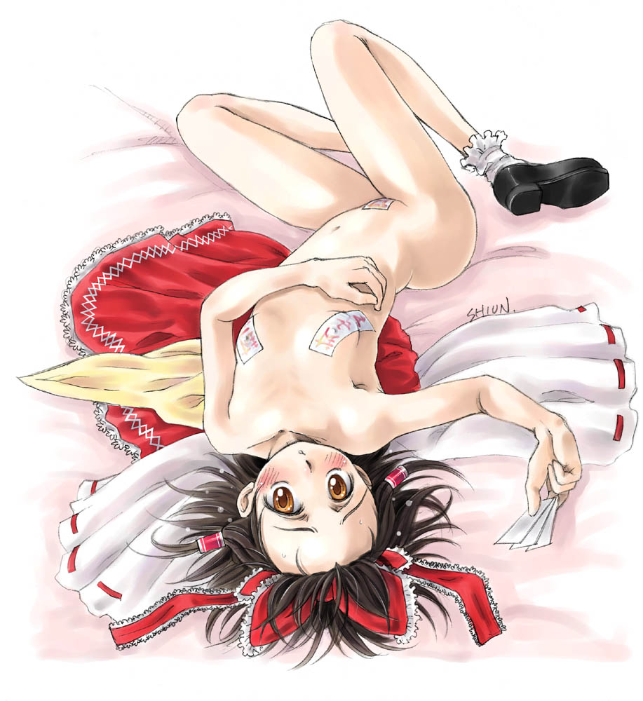 blush female female_only flat_chest human lying maebari nude on_back reimu_hakurei shiun solo touhou upside-down