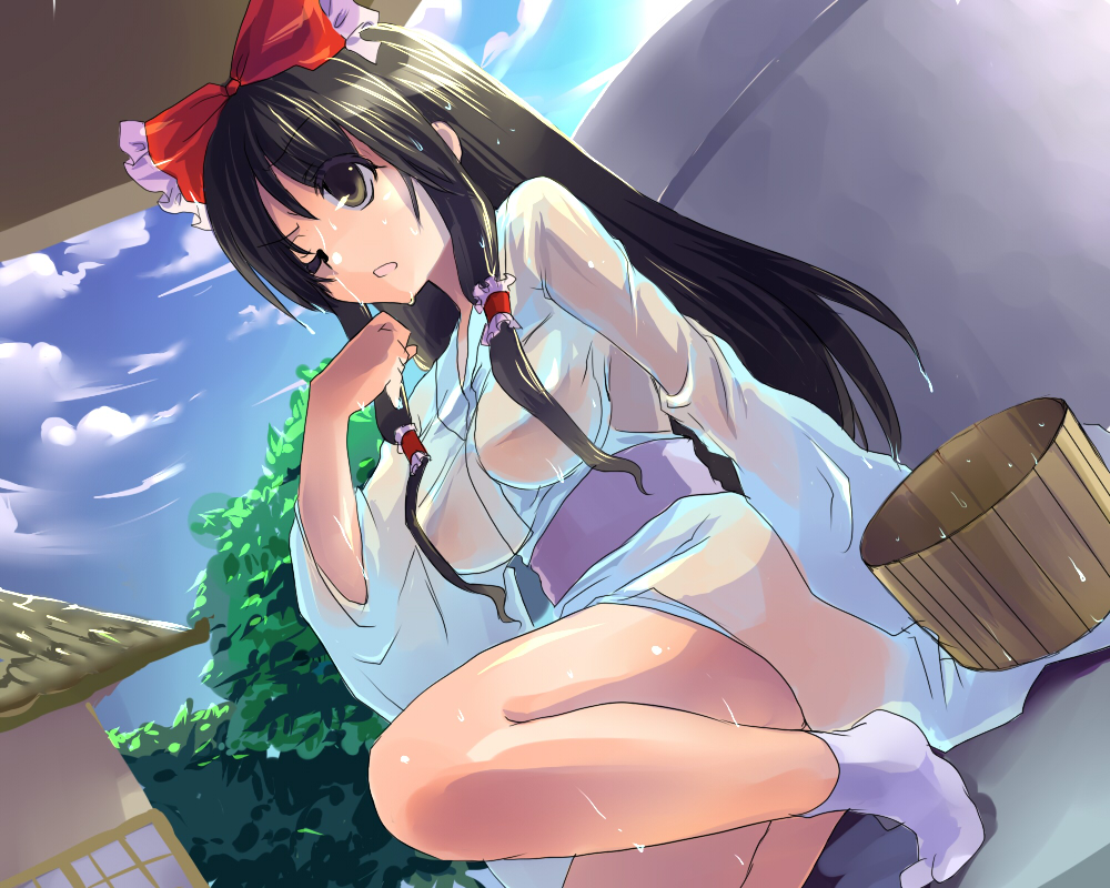 black_hair bow breasts brown_eyes brown_hair bucket dutch_angle female female_only hair_over_breasts hair_tubes hairbow human kobanzame long_hair reimu_hakurei see-through solo squatting tabi touhou water wet wet_clothes wink