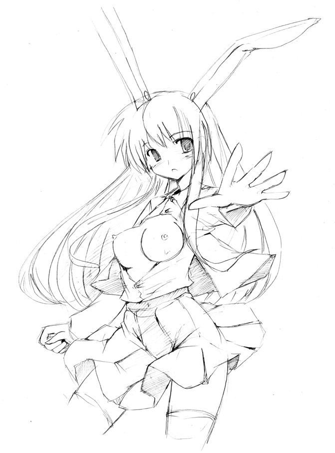 animal_ear bunny_ear monochrome nipples open_clothes open_shirt reisen_udongein_inaba seo_tatsuya shirt solo touhou