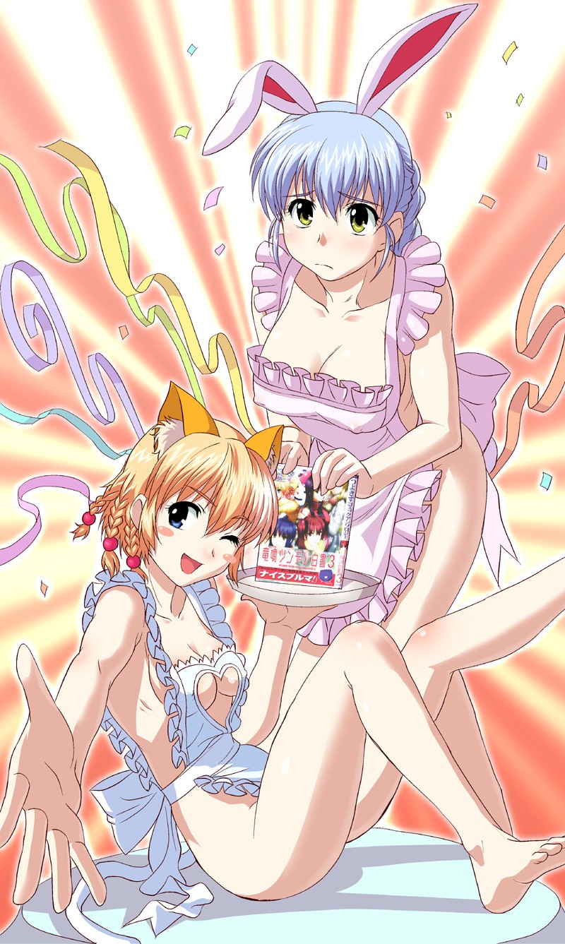 2girls animal_ears apron barefoot blush breasts collarbone covered_nipples feet foreshortening g-tetsu hands highres kanisawa_kinu medium_breasts multiple_girls naked_apron rabbit_ears ribs satou_yoshimi small_breasts tsuyokiss