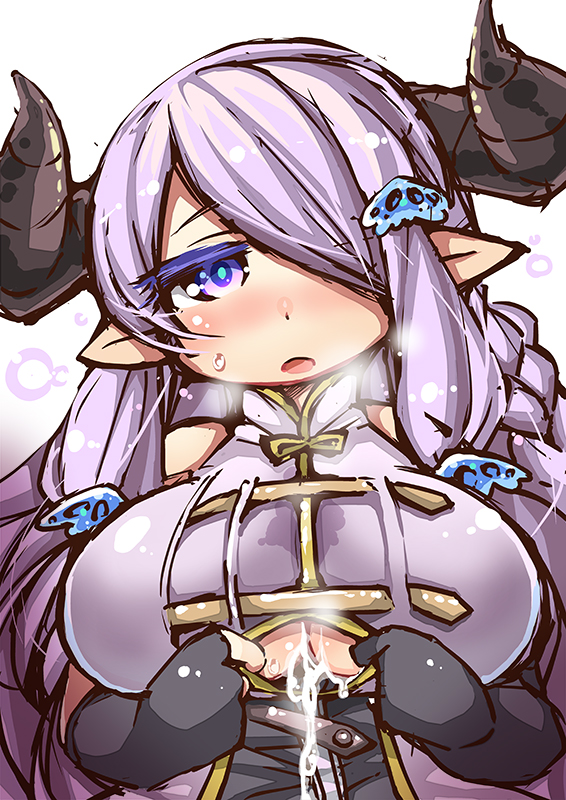 after_paizuri black_gloves breasts cum cum_on_body cum_on_breasts cum_on_upper_body draph_race_(granblue_fantasy) elbow_gloves female fingerless_gloves gloves granblue_fantasy hair_ornament hair_over_one_eye large_breasts long_hair narmaya_(granblue_fantasy) nyagakiya purple_eyes purple_hair simple_background solo underboob white_background