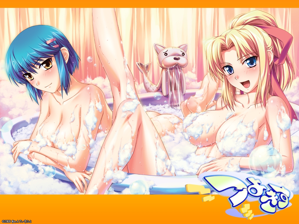 2girls bath blonde_hair blue_hair blush breasts bubble_bath censored convenient_censoring erika_kiriya hair_ornament hair_ribbon hairclip kiriya_erika kurogane_otome large_breasts lather leg_up multiple_girls nude otome_kurogane ponytail ribbon shironeko_sanbou smile soap tied_hair tsuyokiss wallpaper yellow_eyes