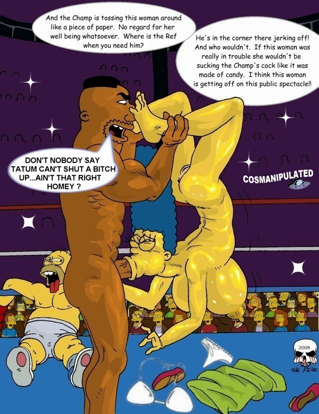 2008 abuse boxing boxing_gloves boxing_ring breasts color cosmic crowd cum defeated drederick_tatum female holding_hair homer_simpson human male marge_simpson muscles nipples nude penis prize public straight tagme text the_fear the_simpsons