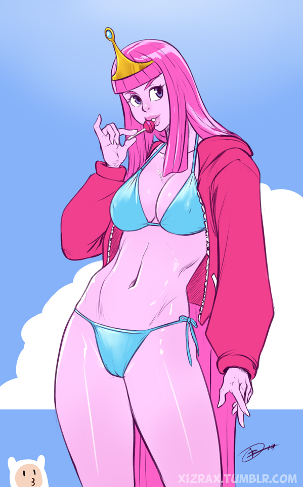 adventure_time beach bikini blue_eyes circlet cleavage clouds female izra lollipop long_hair navel outdoors pale_skin pink_hair princess_bubblegum purple_eyes shiny shiny_skin sky solo standing surfboard sweatshirt sweatshirt_and_bikini swimsuit