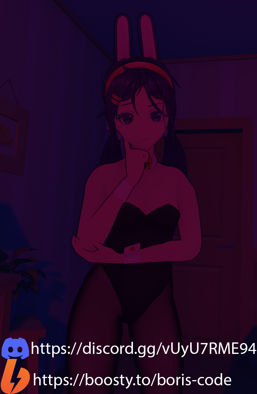 1female 1girls blush breasts bunny_ears bunny_tail bunnysuit crazy_mita_(miside) cute cute_girl dark_purple_hair feet female female_focus female_only game_cg game_mod girl hairband indigo_hair light-skinned_female light_skin miside mita_(miside) mod ponytail purple_hair solo_female standing tagme thinking