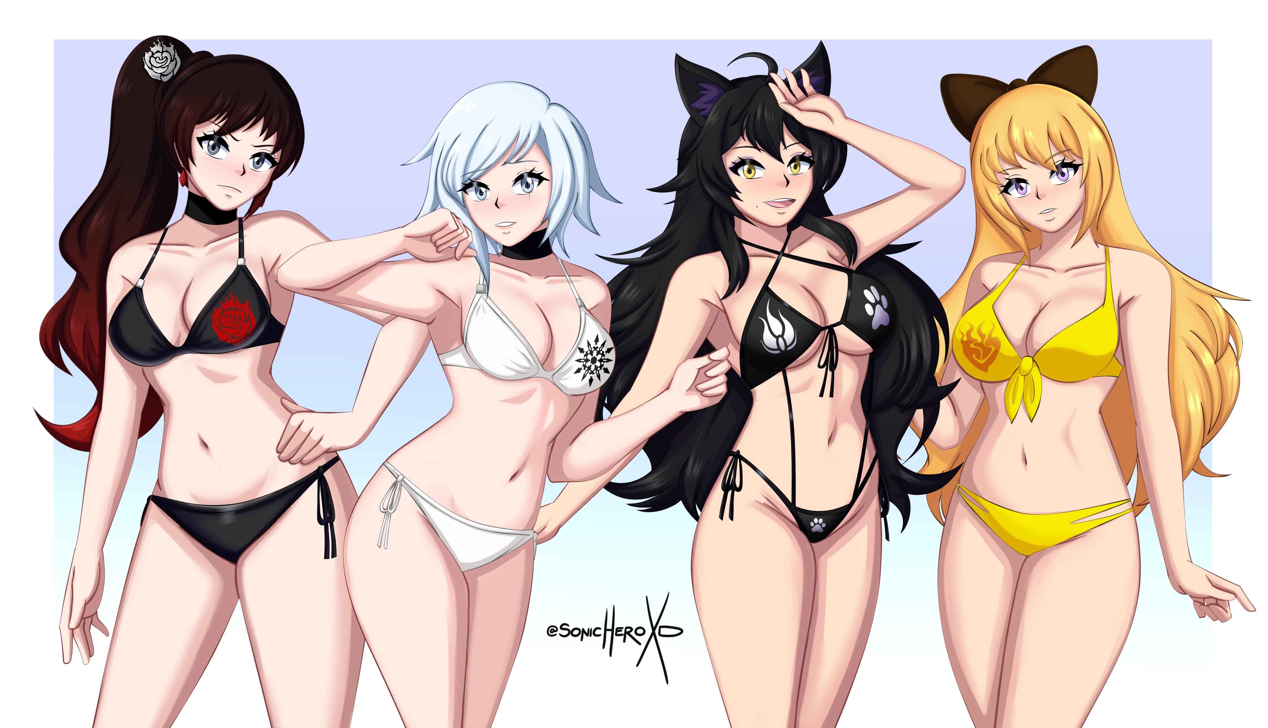 4girls, alternate, bikini, bikini bottom, bikini top, black hair, black hair female, blake belladonna, blonde female, blonde hair, blue eyes, cat ears, cleavage, different outfits, female, female only, half naked, half naked female, half-dressed, long hair, long hair female, purple eyes, ruby rose, rwby, scar across eye, silver eyes, sonicheroxd, team rwby, viz media, weiss schnee, yang xiao long, yellow eyes