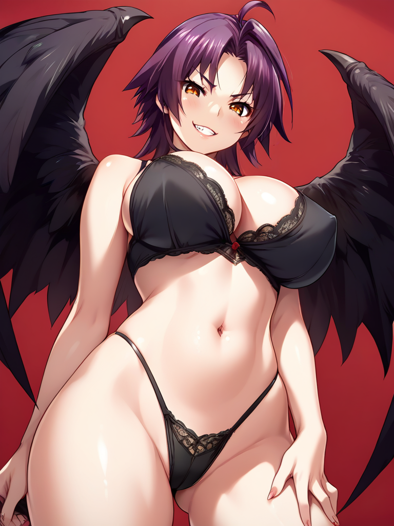 ai_generated angel_wings azuma_marina big_breasts black_bra black_panties black_thong black_underwear black_wings evil_grin grin huge_breasts isogil kashidashi_tsuma_marina_no_"netorase"_houkoku_binkan_tsuma_to_zetsurin_daigakusei purple_hair seductive seductive_look short_hair wings yellow_eyes