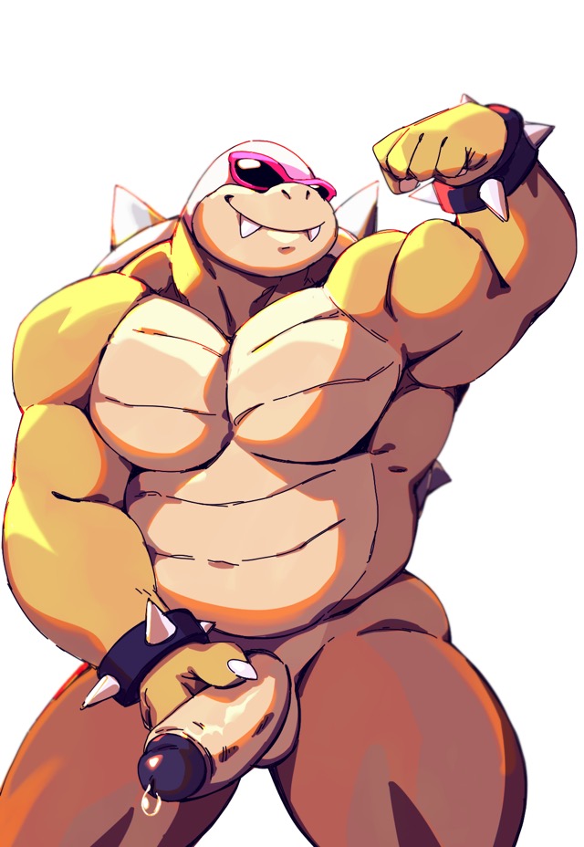 2019 anthro bara biceps big_biceps big_muscles big_pecs big_penis black_glans bodily_fluids claws erection eyewear flexing genital_fluids glans huge_cock humanoid_penis koopa koopaling male male_only mario_(series) muscular muscular_male nintendo nude orange_body pecs penis precum roy_koopa scalie sharp_teeth simple_background smile solo spikes sunglasses taoren teeth thick_penis triceps video_games white_background