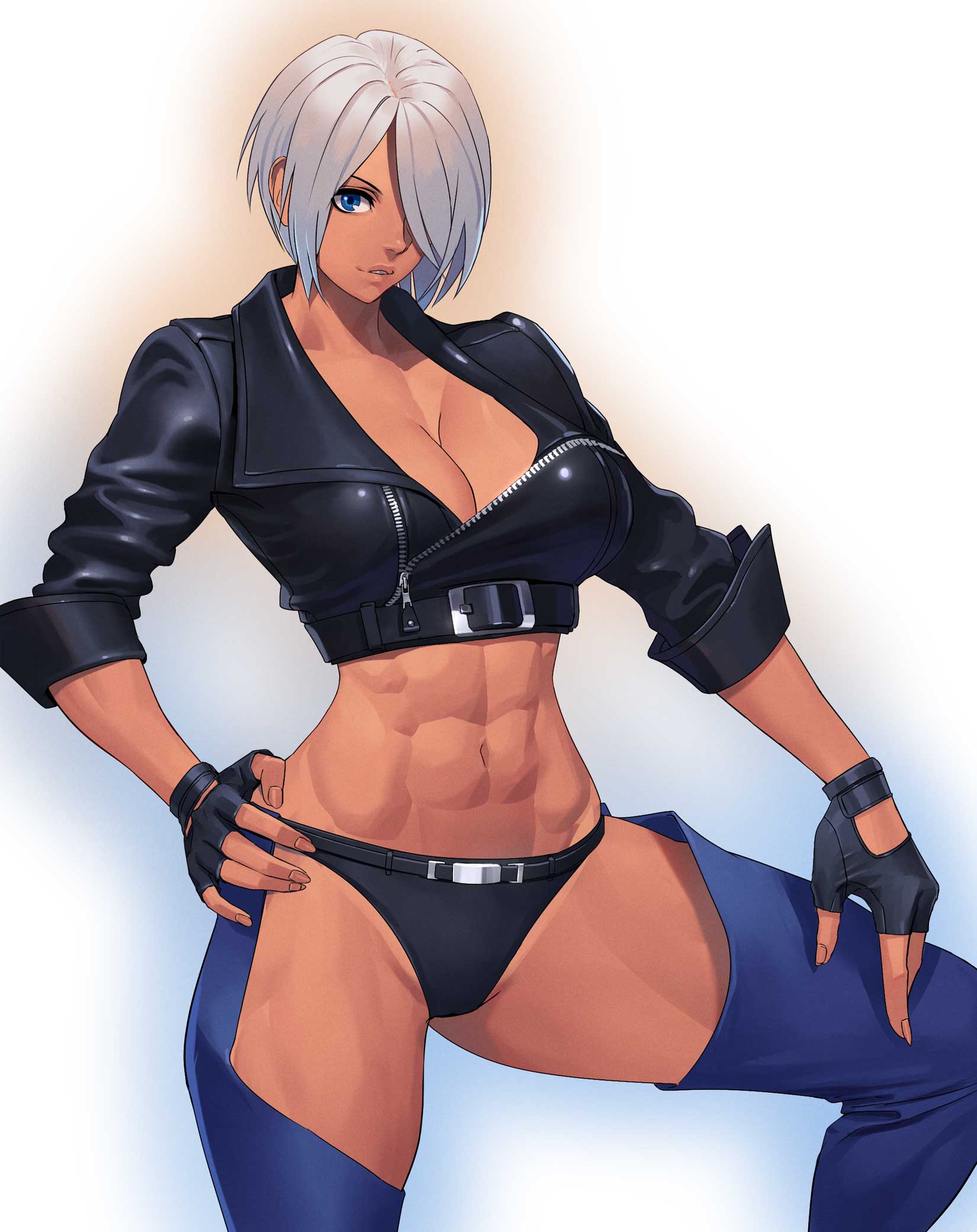 1girls angel_(kof) blue_eyes chaps cleavage female female_only gloves hair_over_one_eye king_of_fighters leather_jacket ogami solo solo_female standing white_hair