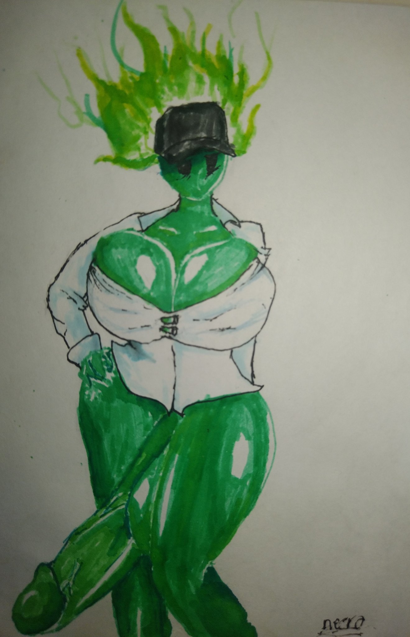 big_breasts bottomless button_down_shirt cleavage colored f'lata_flare_(minusbrush) fire futanari green_body green_cock hat huge_cock minusbrush no_panties reanimated_blast sketch thick_thighs