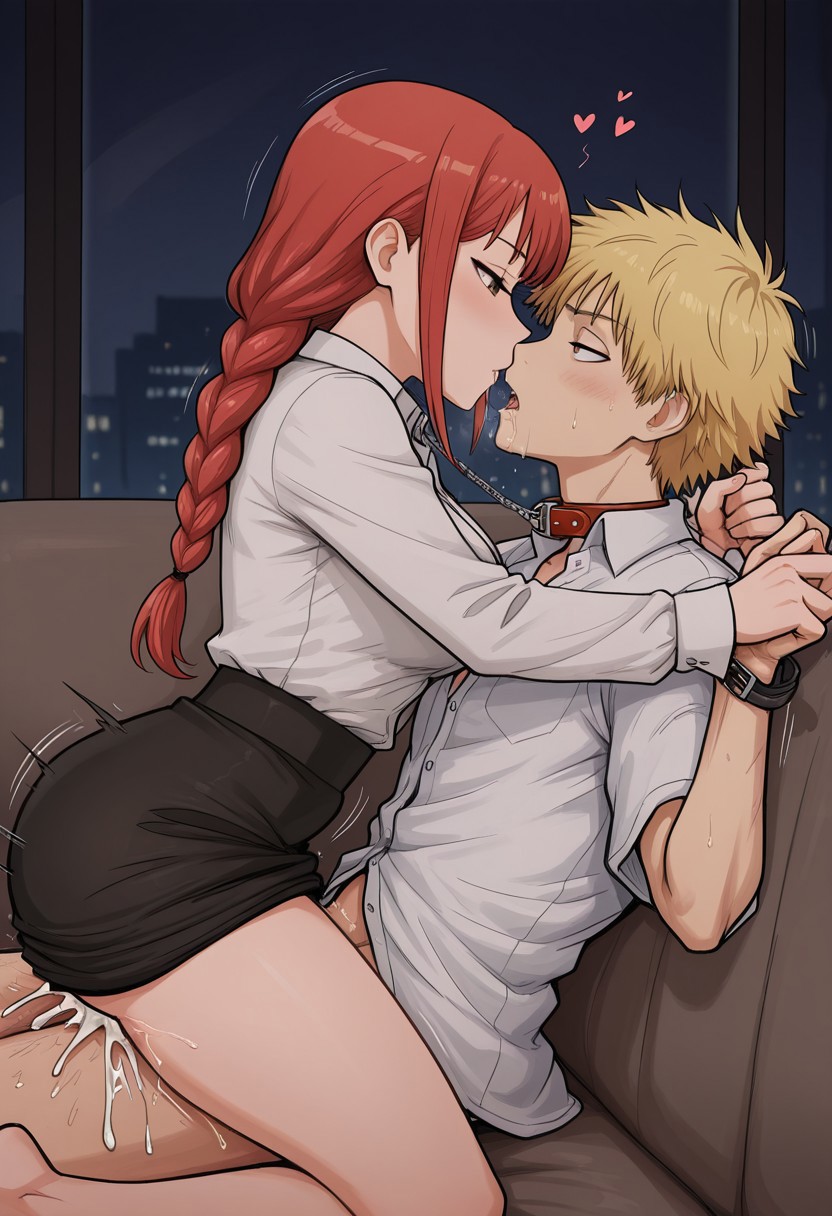 1boy 1boy1girl 1girls ai_generated blonde_hair braid chainsaw_man collar cowgirl_position denji_(chainsaw_man) digbyai dominant_female female female_on_top femdom gentle_femdom kissing kissing_while_penetrated makima_(chainsaw_man) red_hair straight