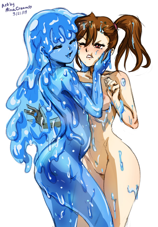 2girls, breasts, brown hair, closed eyes, female, female only, hair, minacream, monster girl, multiple females, multiple girls, one eye closed, original, pussy, slime, slime girl, wholesome, yuri