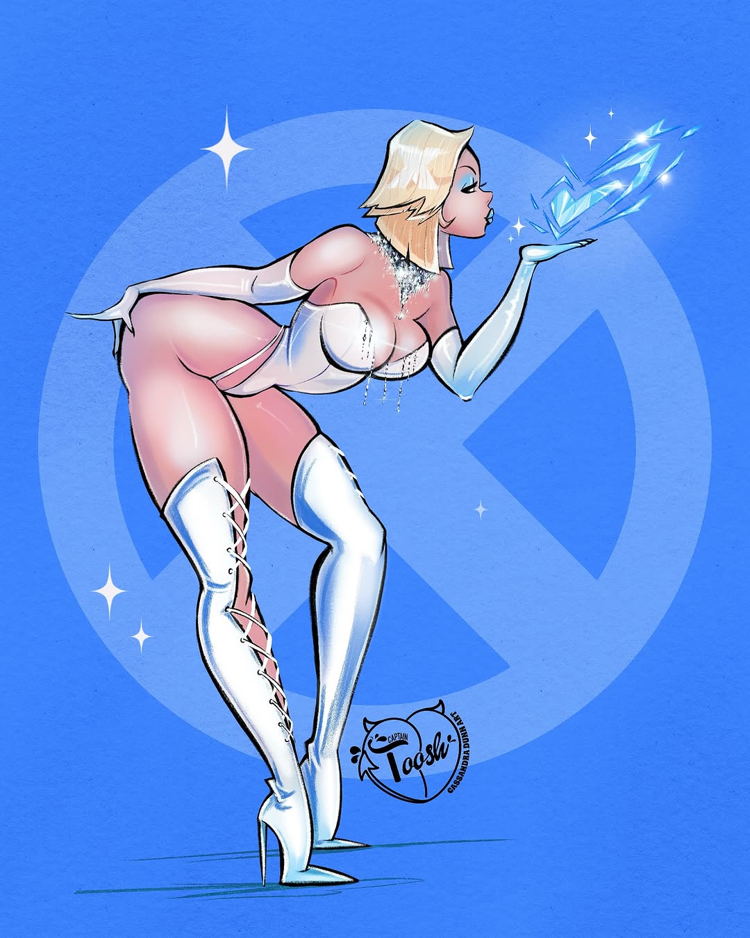 blonde_female blonde_hair blue_eyes blue_eyeshadow blue_lipstick breasts captain_toosh cleavage emma_frost hellfire_club large_breasts leotard marvel marvel_comics platinum_blonde_hair white_queen x-men