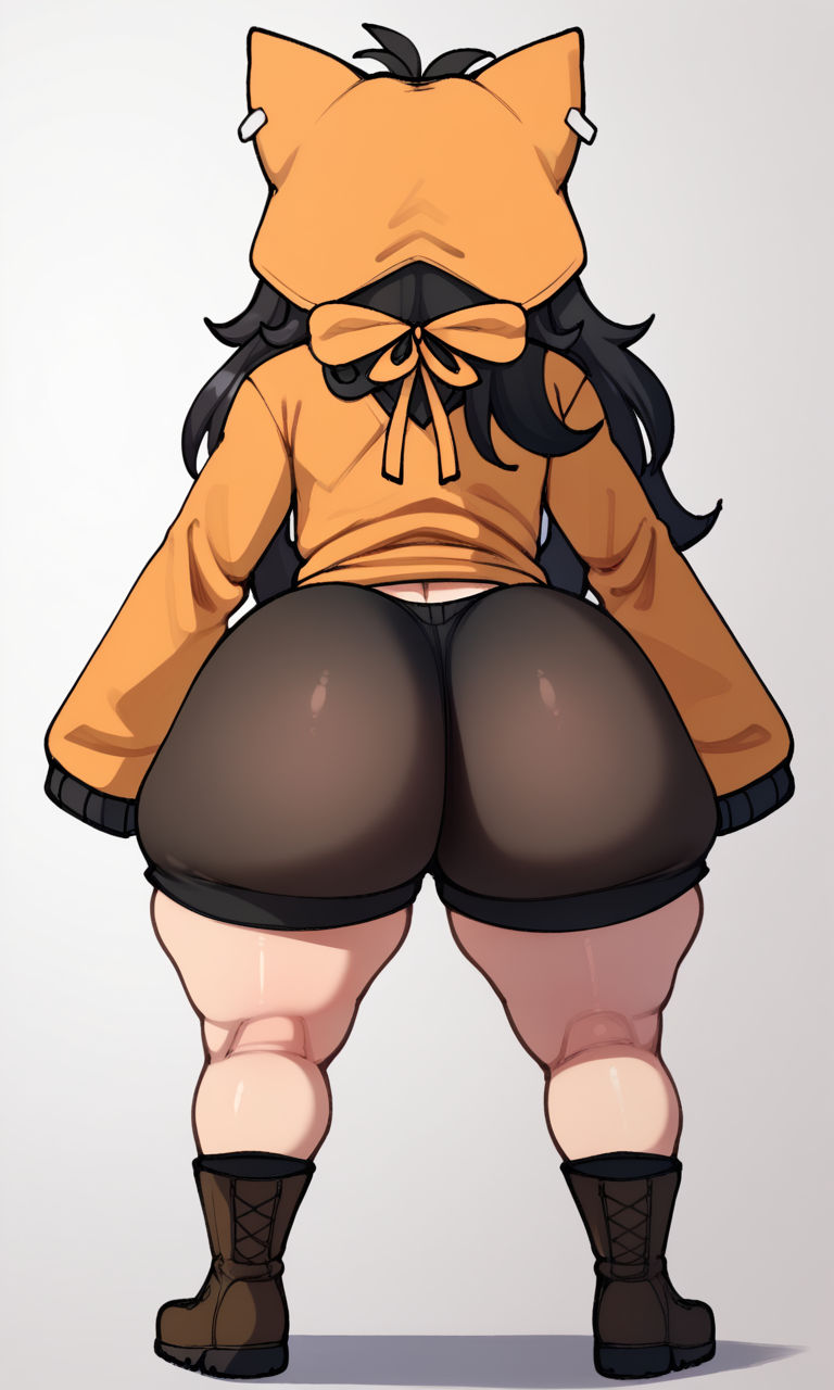 1girls ai_generated alternate_ass_size alternate_body_type ass ass_focus big_ass black_hair blackwhiplash_(style) boots booty_shorts bottom_heavy bubble_butt buds_(budsforbuddies) budsforbuddies butt_crack dumptruck_ass female female_focus female_only from_behind gacha gacha_life gachatuber hood hoodie huge_ass long_hair plump shorts simple_background solo tagme thick_ass thick_thighs thighs tight_clothing wide_hips