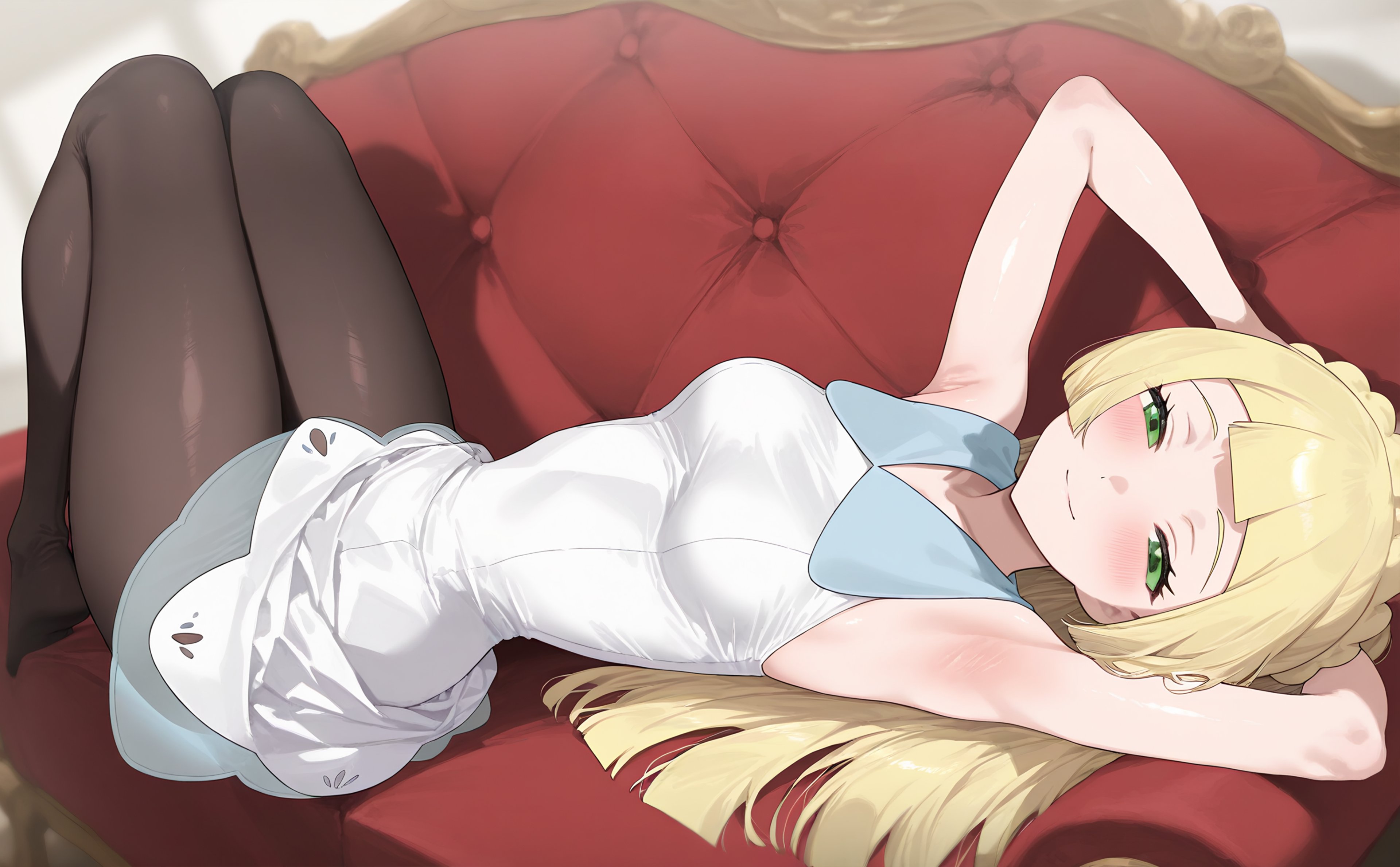 1girls, ai generated, arms behind head, bad anatomy, black pantyhose, blonde hair, breasts, couch, dress, feet out of frame, female, female human, green eyes, human, human girl, indoors, kenken2022257, lillie (pokemon), long ir, looking at viewer, lying, lying on couch, medium breasts, pantyhose, pokemon, pokemon trainer, skinny, sundress, thin waist, white dress