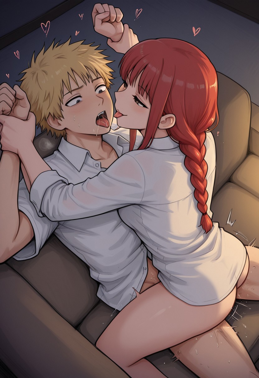 1boy 1boy1girl 1girls ai_generated blonde_hair braid chainsaw_man collar cowgirl_position denji_(chainsaw_man) digbyai dominant_female female female_on_top femdom gentle_femdom kissing kissing_while_penetrated makima_(chainsaw_man) red_hair straight