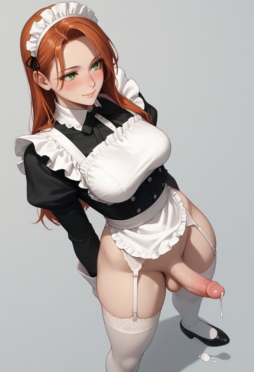 1futa ai_generated balls blus cum cumdrip from_above futa_only futanari garter_belt garter_straps green_eyes jamesbron legwear long_hair looking_away maid maid_headdress maid_uniform medium_breasts no_panties penis red_hair simple_background smile solo solo_futa standing stockings thighhighs white_legwear