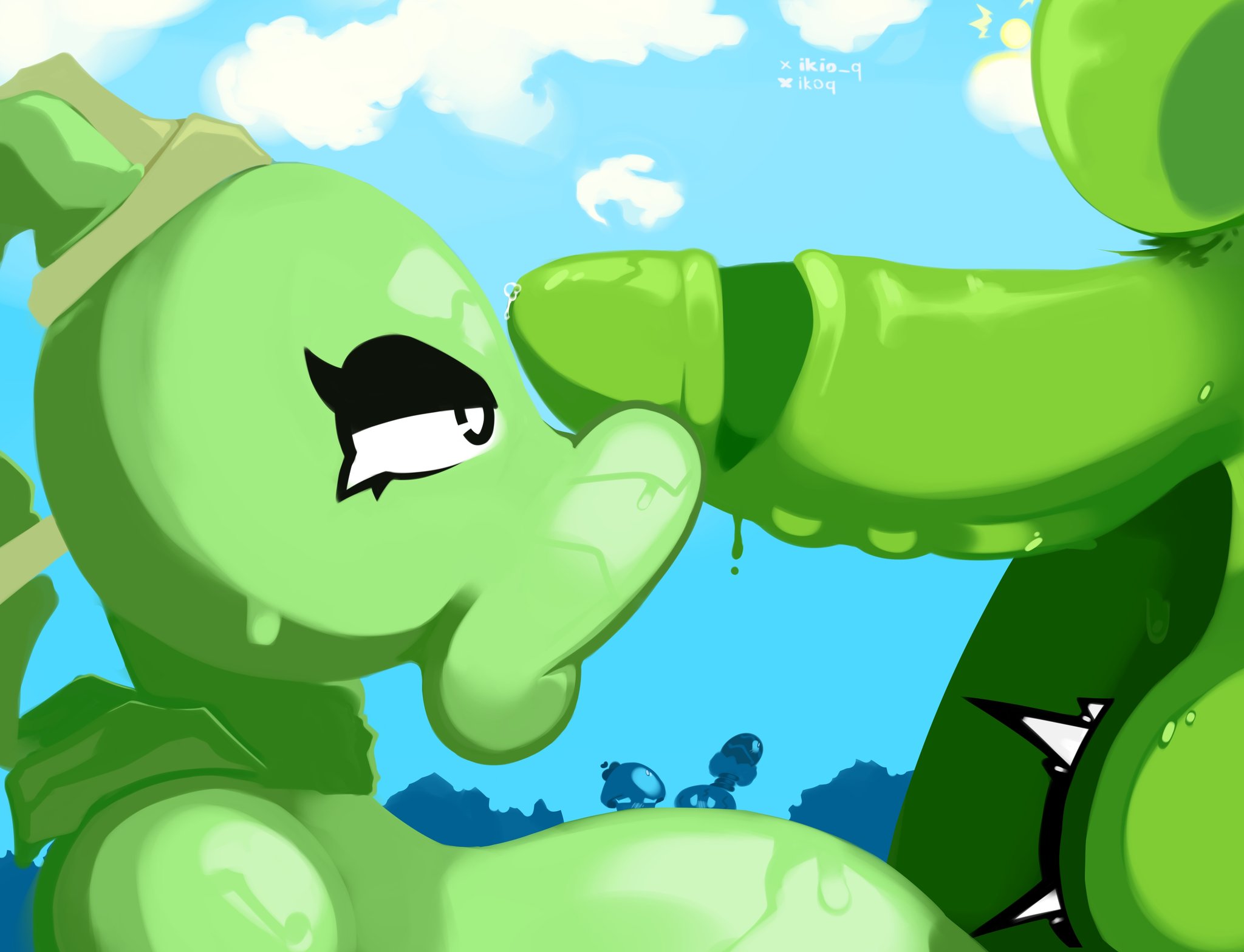 bedroom eyes, breasts, futanari, ikio q, large breasts, large penis, outdoors, outside, peashooter (pvz), plant, plant humanoid, plants vs zombies, plants vs. zombies, public, public nudity, public sex, sunflower (pvz)