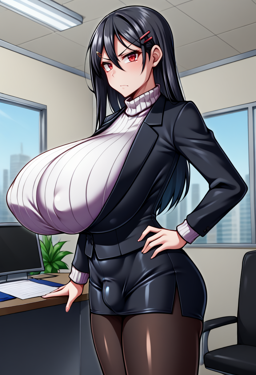 ai_generated bangs black_hair blush breast_implants breasts bulge bulge_under_clothes closed_mouth covered_nipples desk female gigantic_breasts hair_ornament hand_on_desk hand_on_hip indoors jacket long_hair looking_at_viewer monitor office office_lady original pantyhose pencil_skirt red_eyes ribbed_sweater self_upload skirt solo suit sweater transgender transgender_woman turtleneck yuki_to_hana_(style)