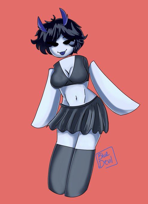 1girls 2022 blue_skin bluedevil breasts cleavage clothed clothed_female commission crop_top demon demon_girl female_only feminine_pose kai_(bluedevil) kneesocks lowres midriff navel roblox robloxian skirt tagme