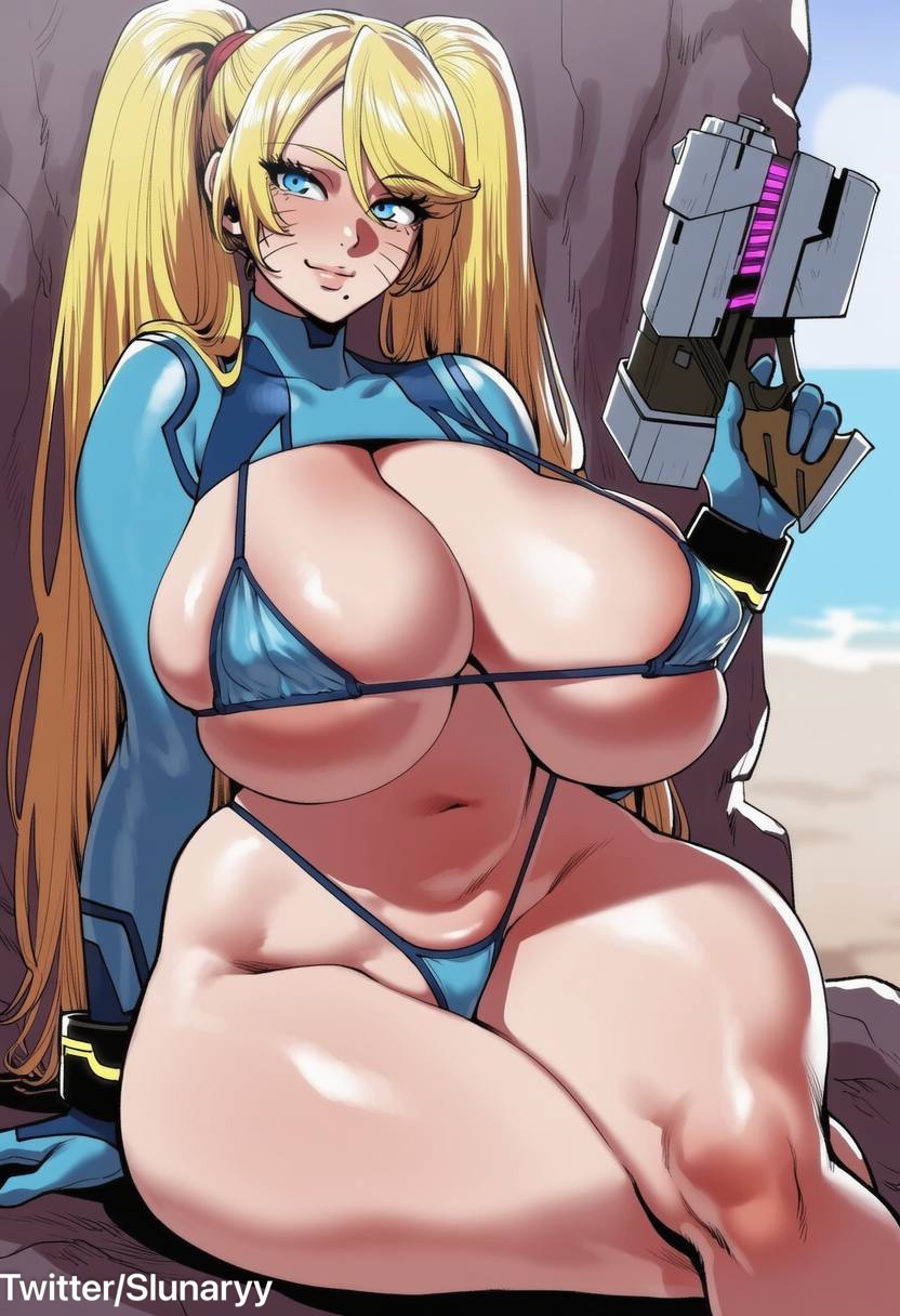 1girls, ai generated, beach, big breasts, bikini, blonde female, blonde hair, blue eyes, curvaceous, curvy, curvy female, curvy figure, genderswap (mtf), gigantic breasts, gun, huge breasts, latex, latex clothing, light skin, light-skinned female, metroid, micro bikini, naruto, naruto (series), naruto shippuden, rule 63, samus aran, samus aran (cosplay), sexy, sitting, slim waist, slunary, smile, thick, thick legs, thick thighs, thighs, twintails