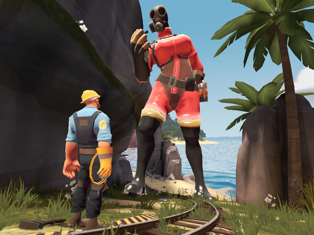 3d engineer_(team_fortress_2) female female_focus fempyro fully_clothed gas_mask giant giantess gloves male palm_tree pyro railroad_tracks team_fortress_2 valve wrench