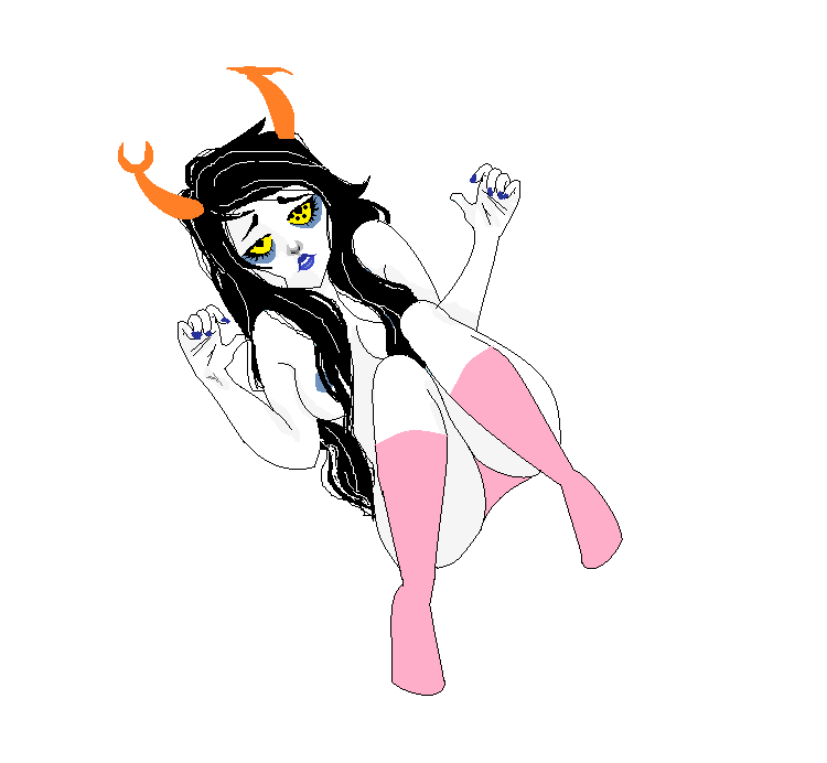 2010s 2014 alien alien_girl areola asymmetrical_horns blue_areola blue_fingernail_polish blue_lipstick blue_nipples dissykitty eye_shadow eyebrows eyelashes female hair_covering_breasts half-closed_eyes homestuck horns lipstick on_back orange_horns painted_nails panties pink_panties pink_socks pixel_art sad_face socks solo topless unusual_pupils vriska_serket white_background yellow_sclera