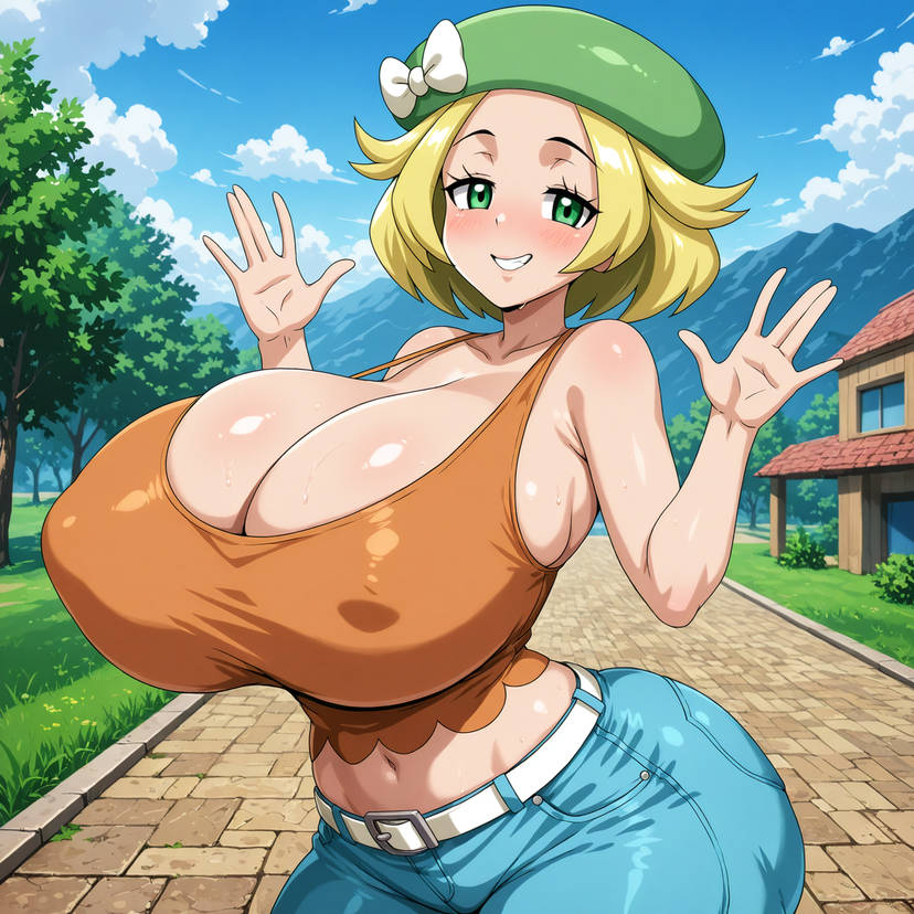 ai_generated belt bianca_(pokemon) big_breasts blue_jeans blush busty cleavage creatures_(company) curvy denim_jeans female female female_only game_freak green_eyes grin hi_res highres huge_breasts jeans midriff nintendo outdoors perky_breasts pokemon pokemon_(game) pokemon_bw pokemon_trainer pose seraphim_ai short_hair smile solo stable_diffusion tank_top tight_jeans white_belt