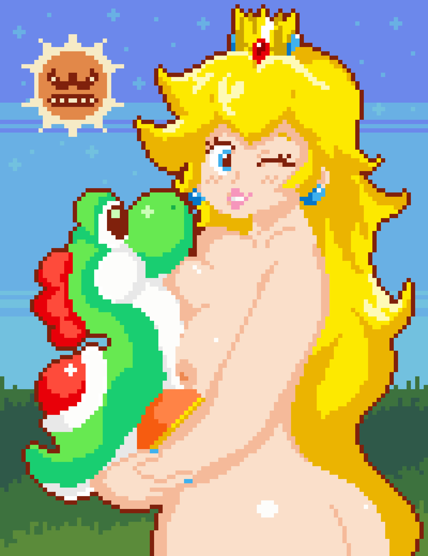 1female 1girls blonde blonde_female blonde_hair blonde_hair_female blue_eyes breasts butt chickenbreasts crown female_focus headgear mario_(series) nintendo pixel_art plush plushie princess_peach super_mario_bros. yoshi