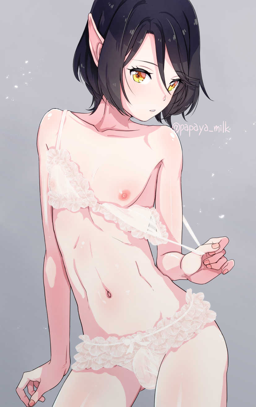 1boy, abs, black hair, bra, bra pull, bulge, crossdressing, elf, femboy, girly, lingerie, looking at viewer, male, male only, nipples, open mouth, orange eyes, panties, papaya milk, pointy ears, short hair, trap