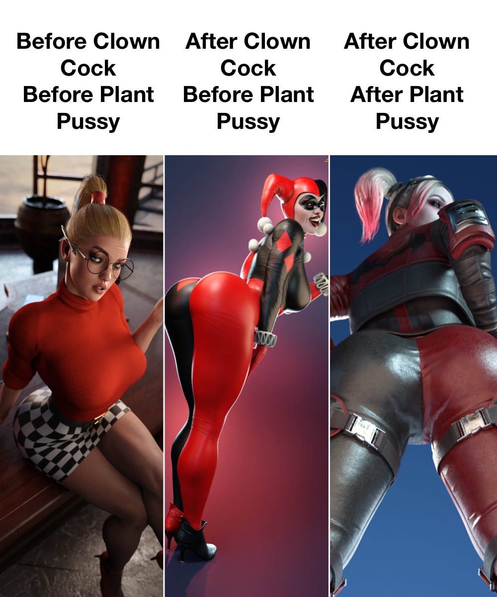 before_and_after big_ass blonde_hair bodysuit clown_girl dc_comics harleen_quinzel harley_quinn harley_quinn_(classic) harley_quinn_(injustice) ponytail smitty34 twintails