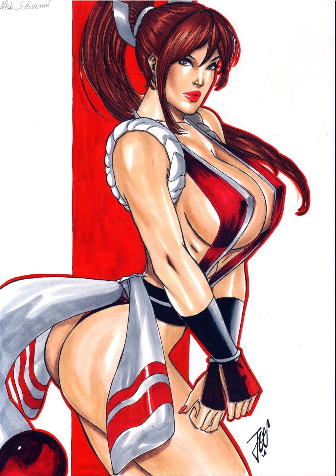 1girls arm_guards ass auburn_hair big_breasts breasts brown_eyes brown_hair busty curvaceous curvy ed_benes_studio erect_nipples erect_nipples_under_clothes fatal_fury female female_only highres huge_breasts human joe_lima king_of_fighters large_breasts long_hair mai_shiranui nipple_bulge nipples pinup ponytail red_lips red_lipstick snk solo voluptuous