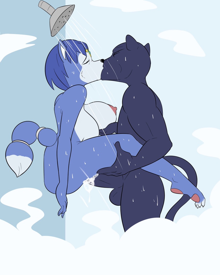 against_surface against_wall big_breasts breast_grab breasts feline feline_humanoid female_fox fox french_kiss french_kissing furry kissing krystal naked nude panther_caroso scrabble007 shower shower_sex starfox tongue_kiss